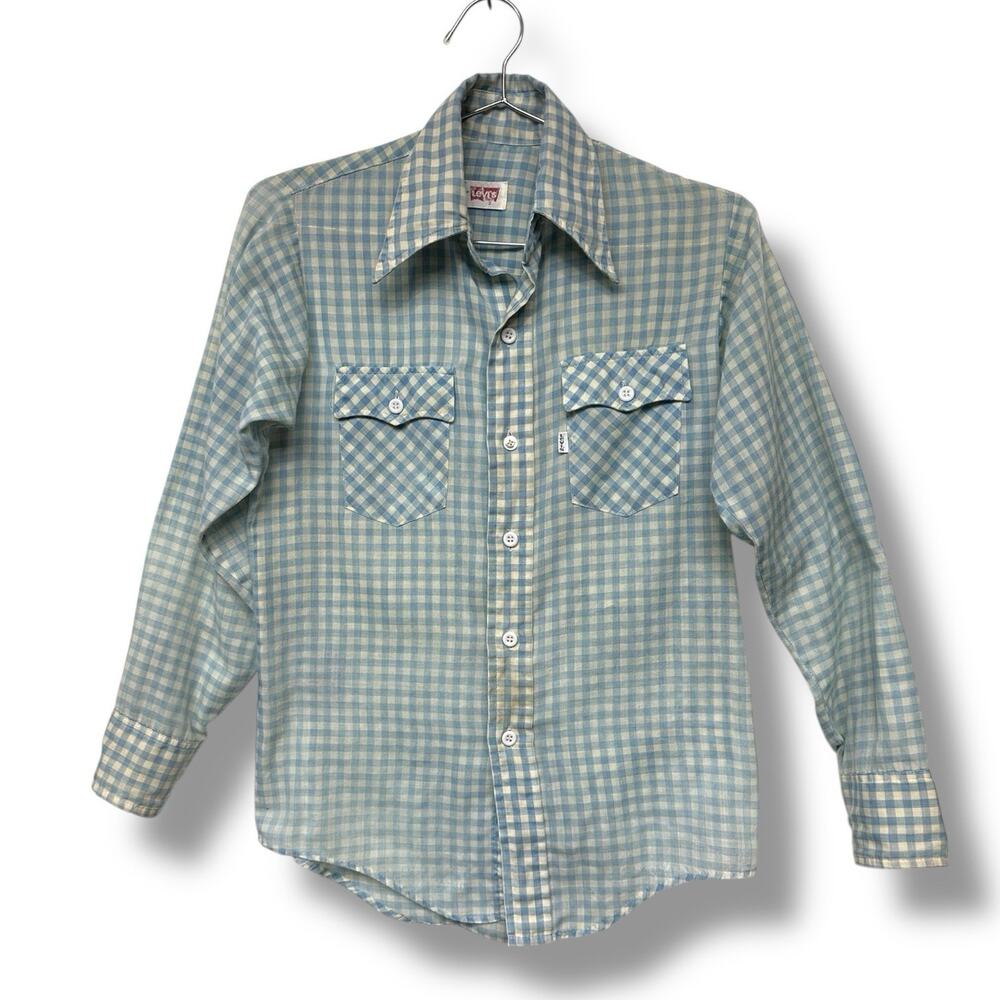 Vintage 60s 70s Levis Shirt Gingham Blue White Unisex Button Up Cowboy Rare Sz S
